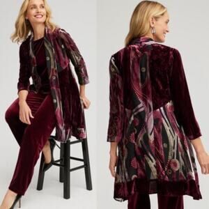 NEW Chico’s Travelers Collection Velvet Burnout Kimono Black Wine Size XS 0